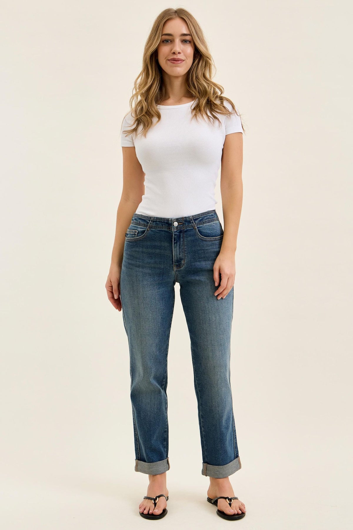 JUDY BLUE MID RISE BOYFRIEND ADJUSTABLE BACK TAB + HOLLYWOOD WAISTBAND - DARK STONE