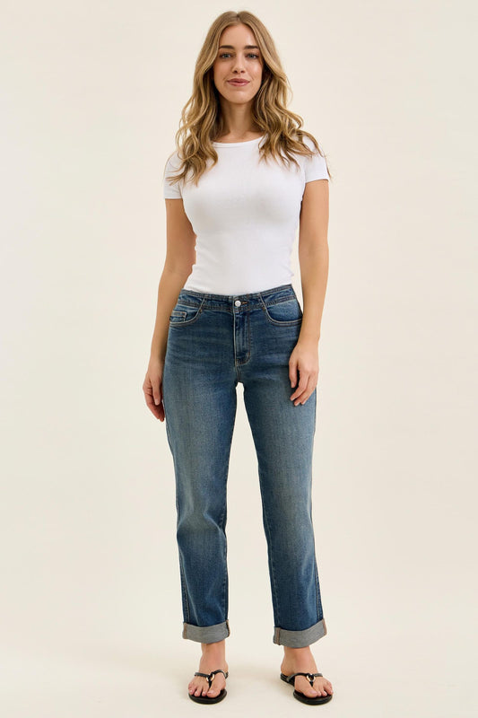 JUDY BLUE MID RISE BOYFRIEND ADJUSTABLE BACK TAB + HOLLYWOOD WAISTBAND - DARK STONE