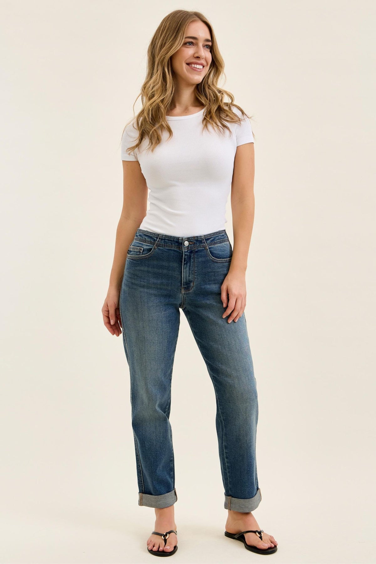 JUDY BLUE MID RISE BOYFRIEND ADJUSTABLE BACK TAB + HOLLYWOOD WAISTBAND - DARK STONE