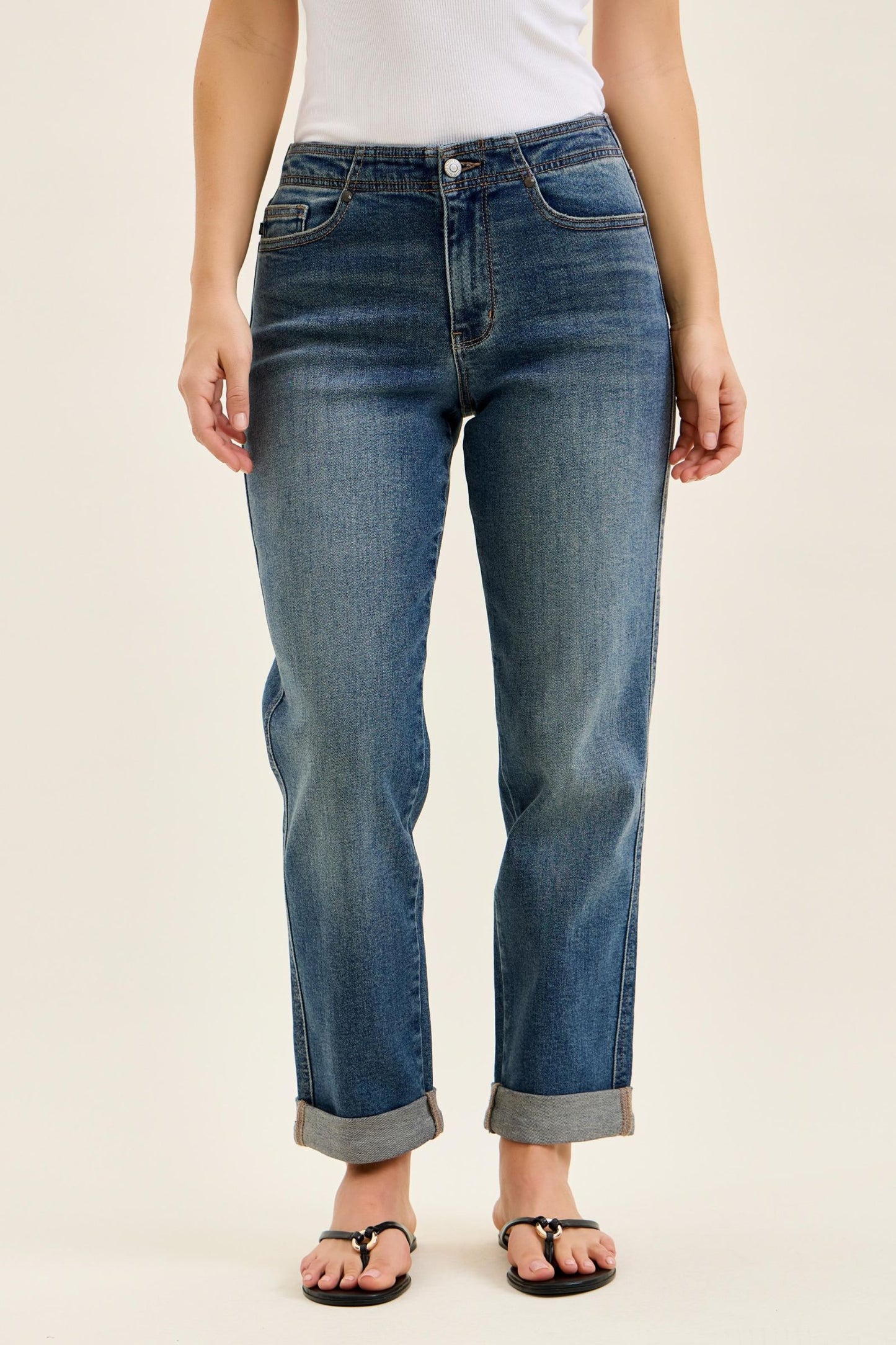 JUDY BLUE MID RISE BOYFRIEND ADJUSTABLE BACK TAB + HOLLYWOOD WAISTBAND - DARK STONE