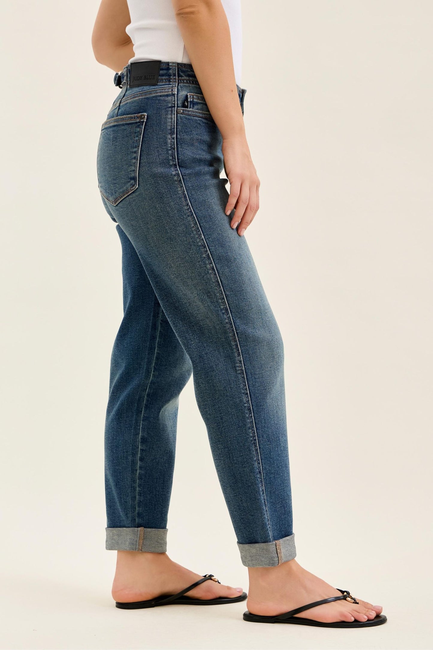 JUDY BLUE MID RISE BOYFRIEND ADJUSTABLE BACK TAB + HOLLYWOOD WAISTBAND - DARK STONE
