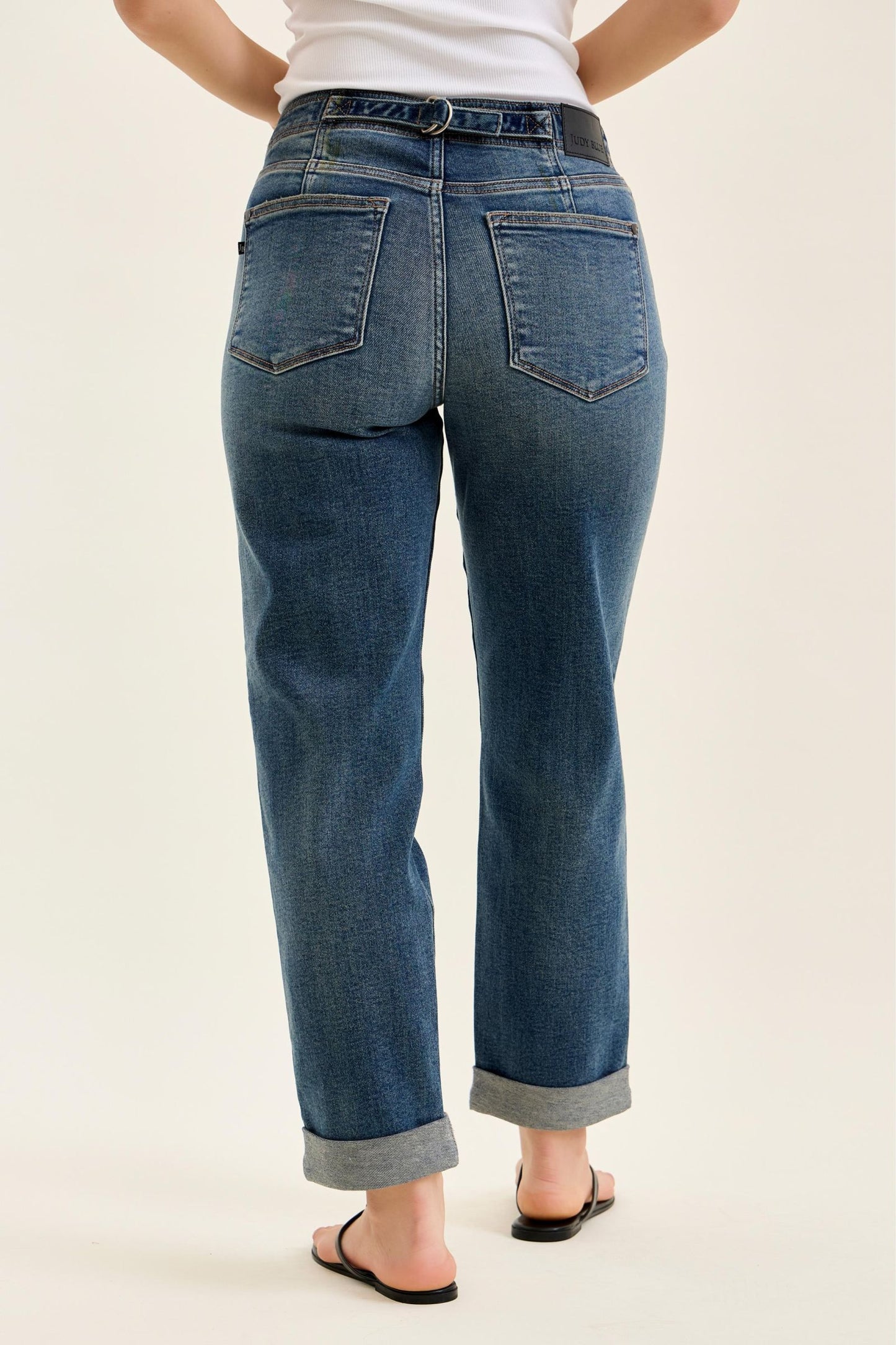 JUDY BLUE MID RISE BOYFRIEND ADJUSTABLE BACK TAB + HOLLYWOOD WAISTBAND - DARK STONE