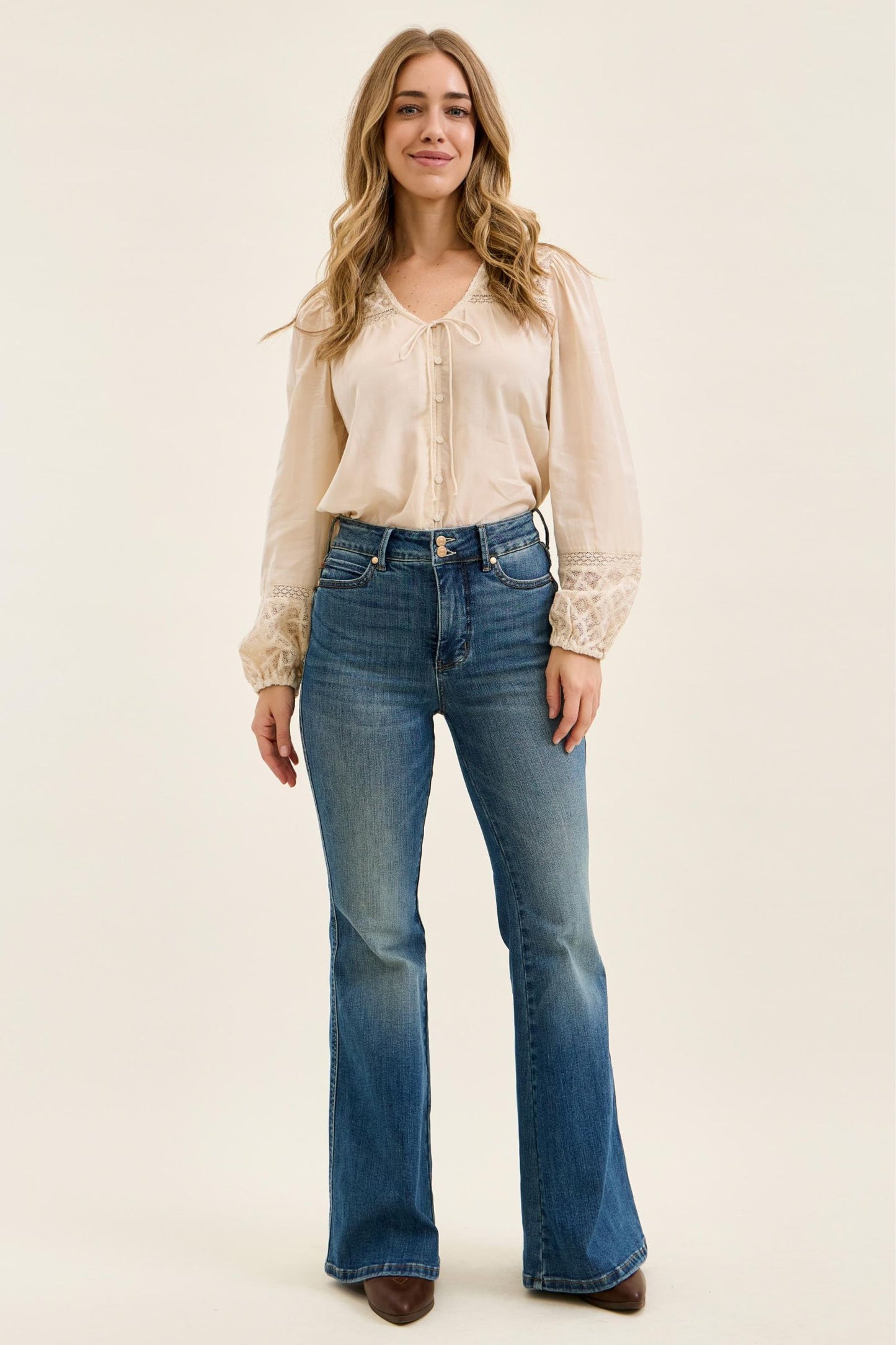 JUDY BLUE HIGH WAIST TUMMY CONTROL JAQUELINE FLARE DOUBLE BUTTON + SHIELDS POCKETS - DARK STONE