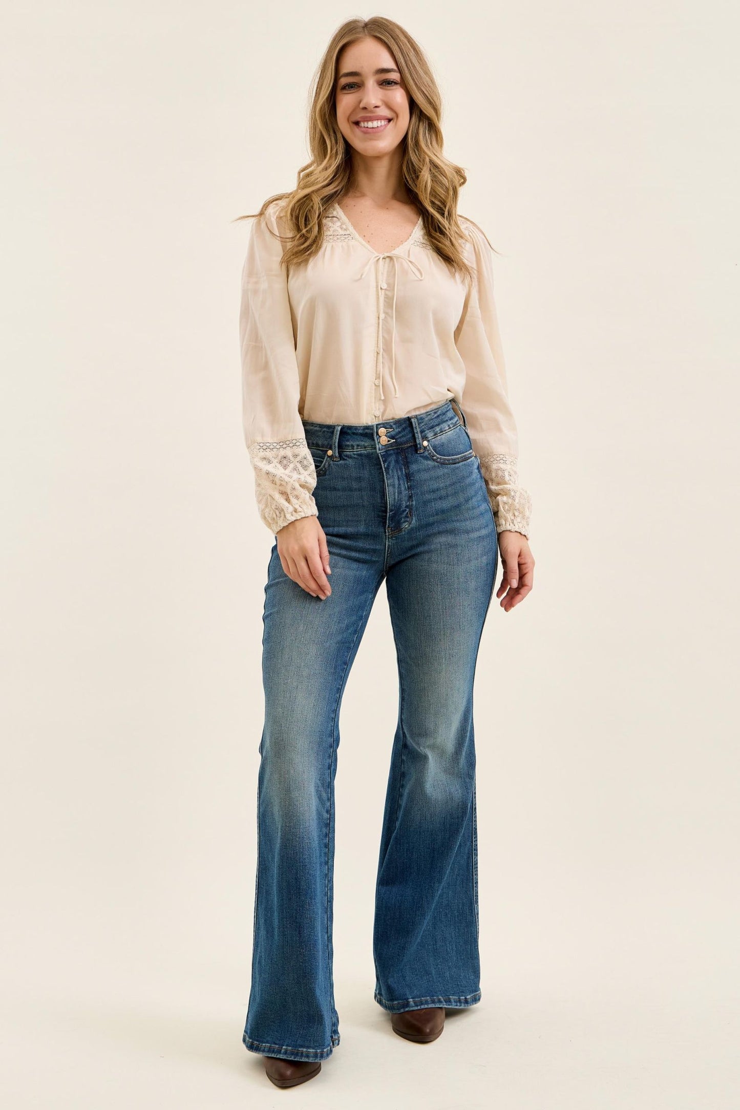 JUDY BLUE HIGH WAIST TUMMY CONTROL JAQUELINE FLARE DOUBLE BUTTON + SHIELDS POCKETS - DARK STONE