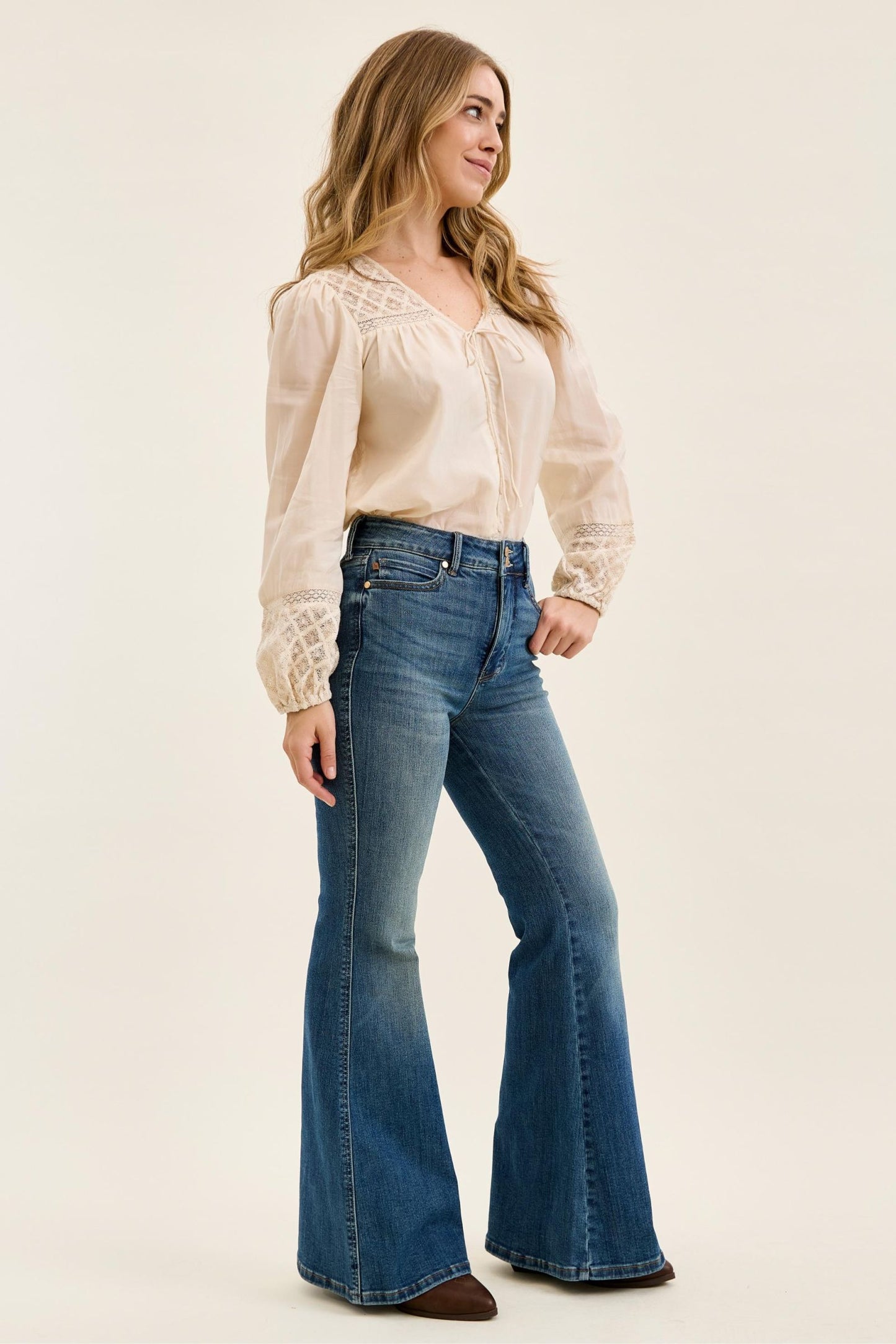 JUDY BLUE HIGH WAIST TUMMY CONTROL JAQUELINE FLARE DOUBLE BUTTON + SHIELDS POCKETS - DARK STONE