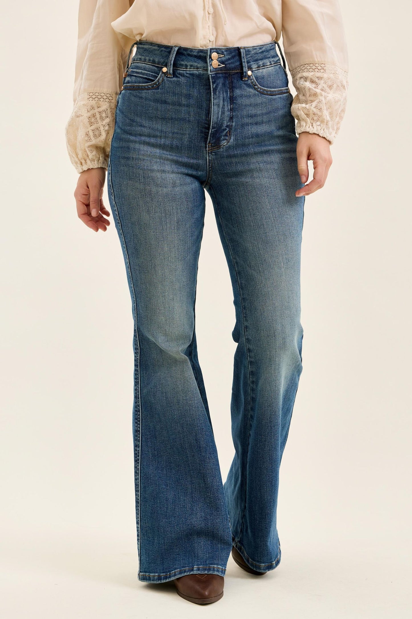 JUDY BLUE HIGH WAIST TUMMY CONTROL JAQUELINE FLARE DOUBLE BUTTON + SHIELDS POCKETS - DARK STONE