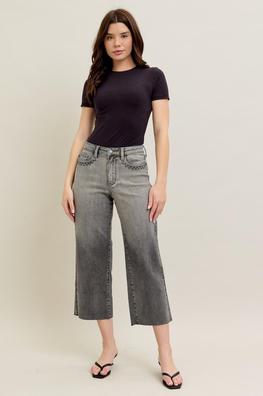 JUDY BLUE HIGH WAIST GREY WASH & FRONT POCKET EMBROIDERY CROP WIDE JEAN - GREY
