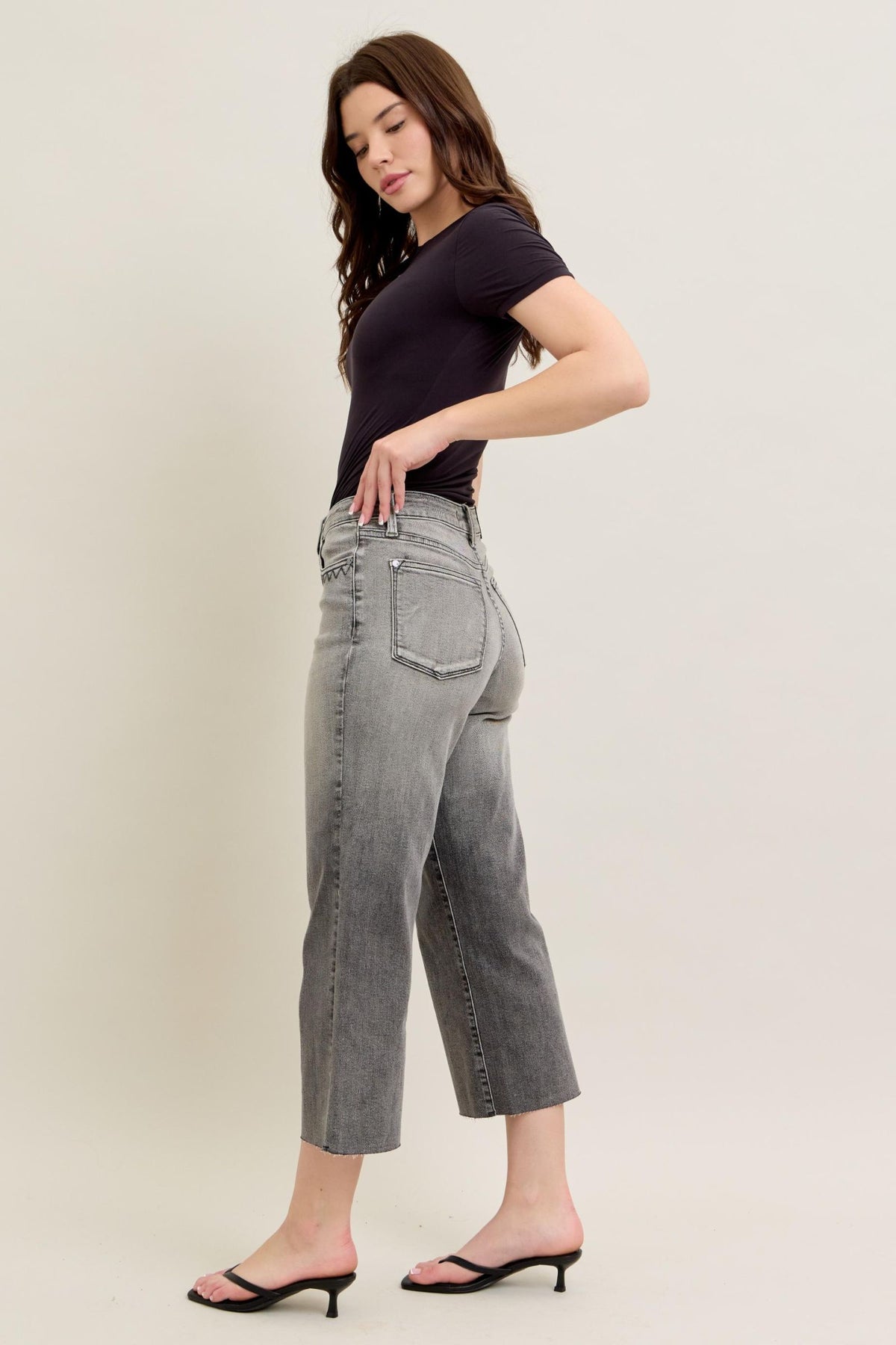 JUDY BLUE HIGH WAIST GREY WASH & FRONT POCKET EMBROIDERY CROP WIDE JEAN - GREY