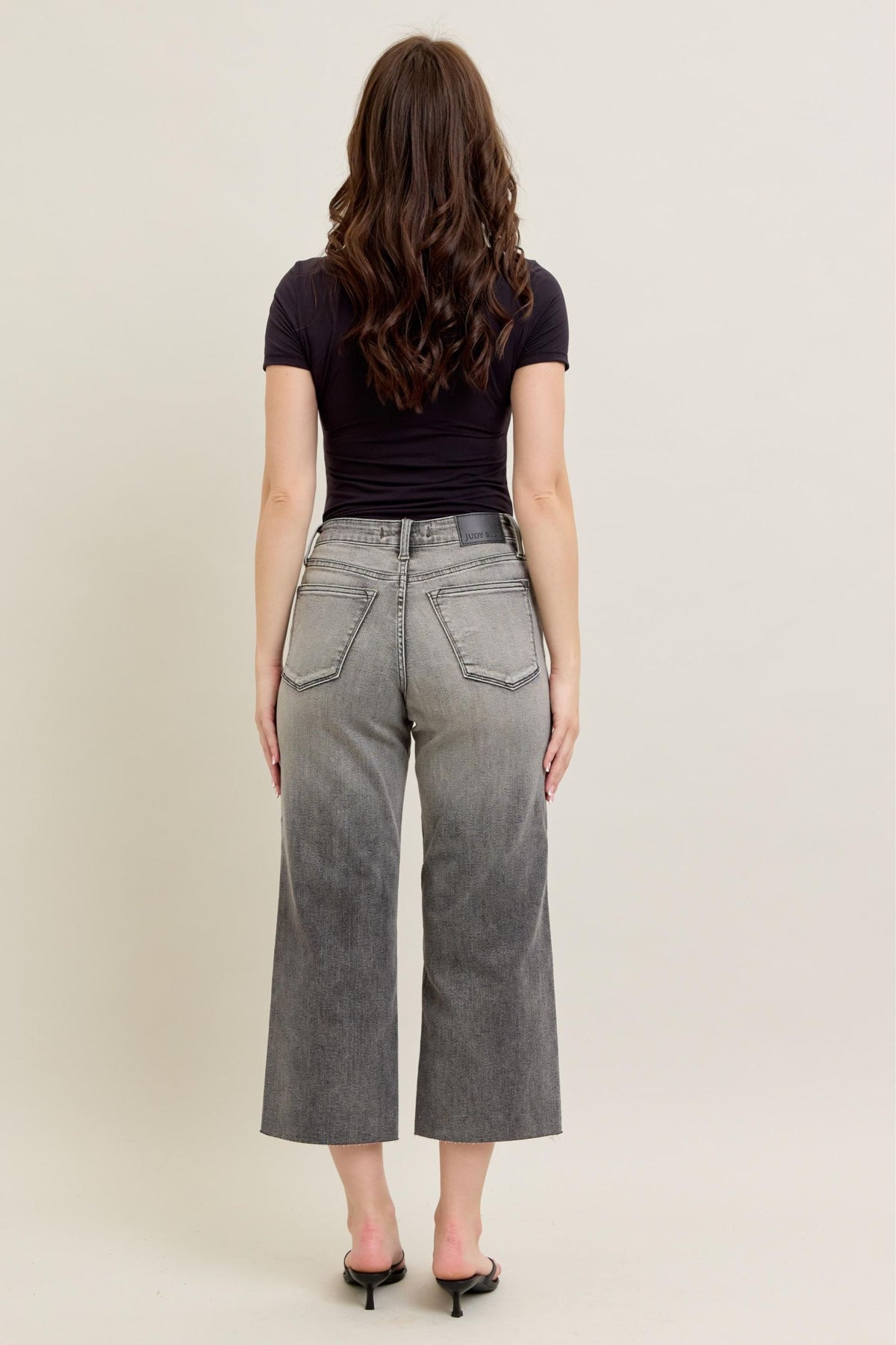 JUDY BLUE HIGH WAIST GREY WASH & FRONT POCKET EMBROIDERY CROP WIDE JEAN - GREY