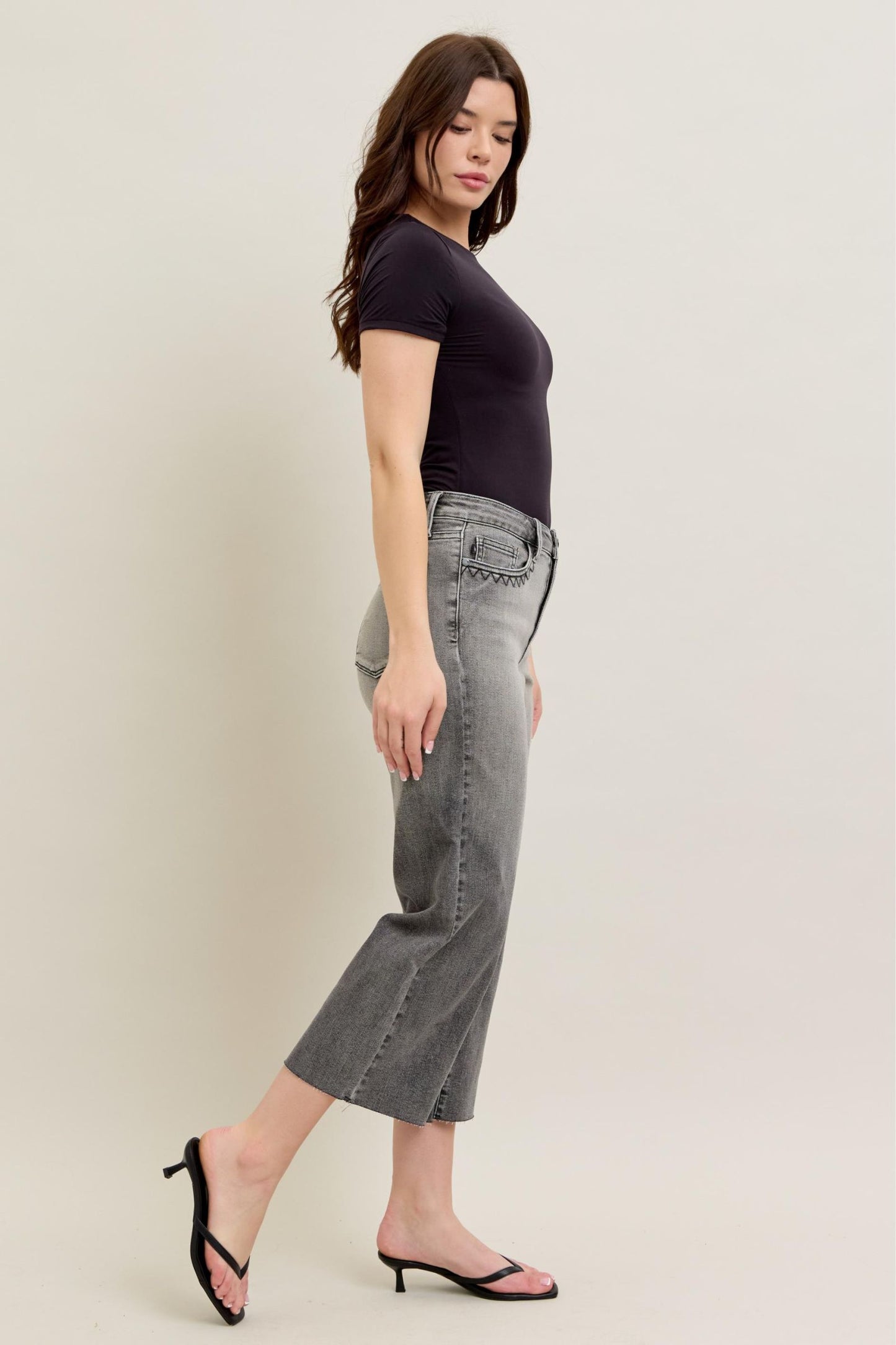JUDY BLUE HIGH WAIST GREY WASH & FRONT POCKET EMBROIDERY CROP WIDE JEAN - GREY