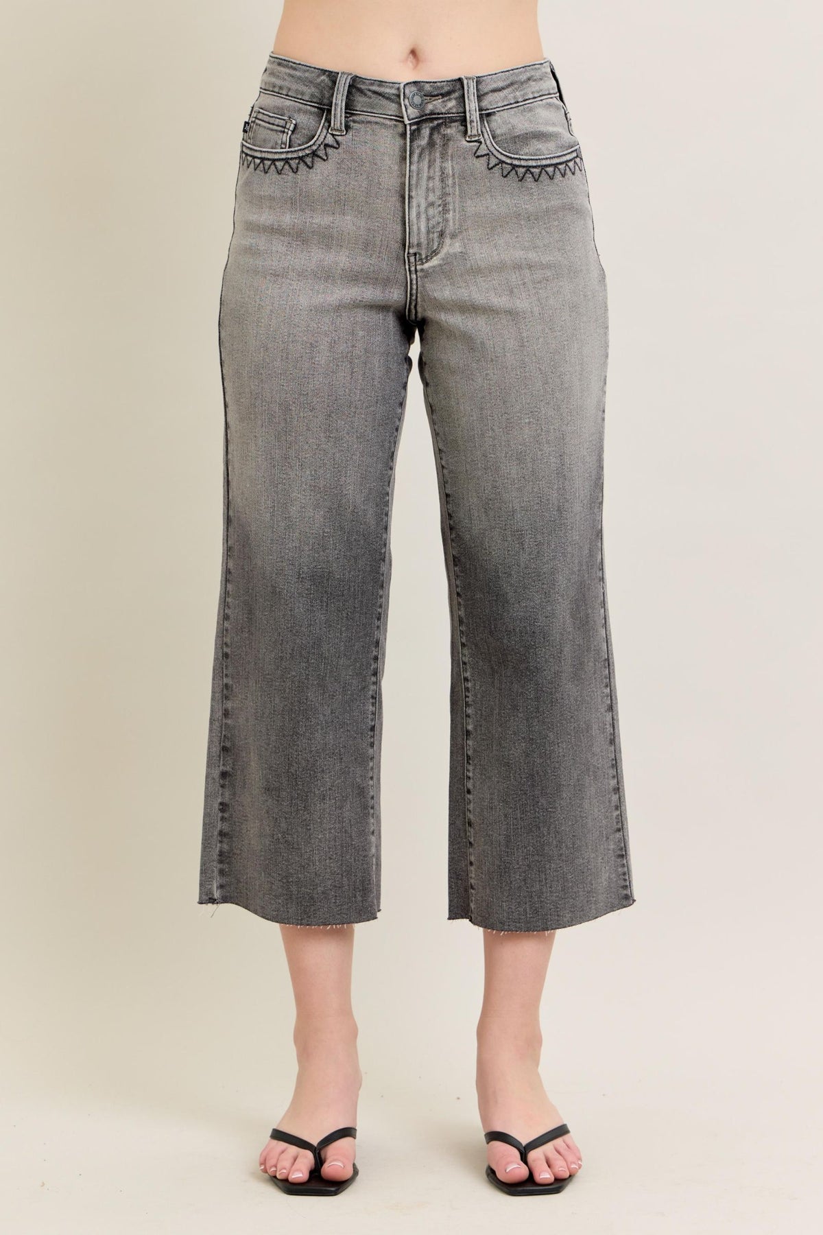 JUDY BLUE HIGH WAIST GREY WASH & FRONT POCKET EMBROIDERY CROP WIDE JEAN - GREY