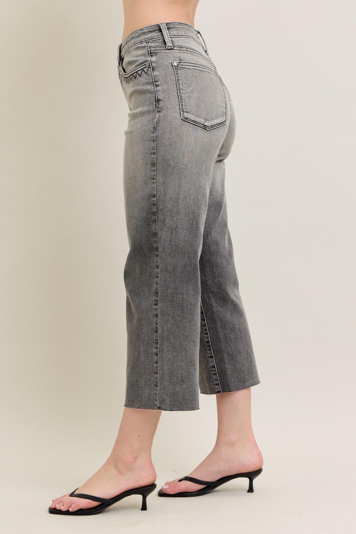 JUDY BLUE HIGH WAIST GREY WASH & FRONT POCKET EMBROIDERY CROP WIDE JEAN - GREY