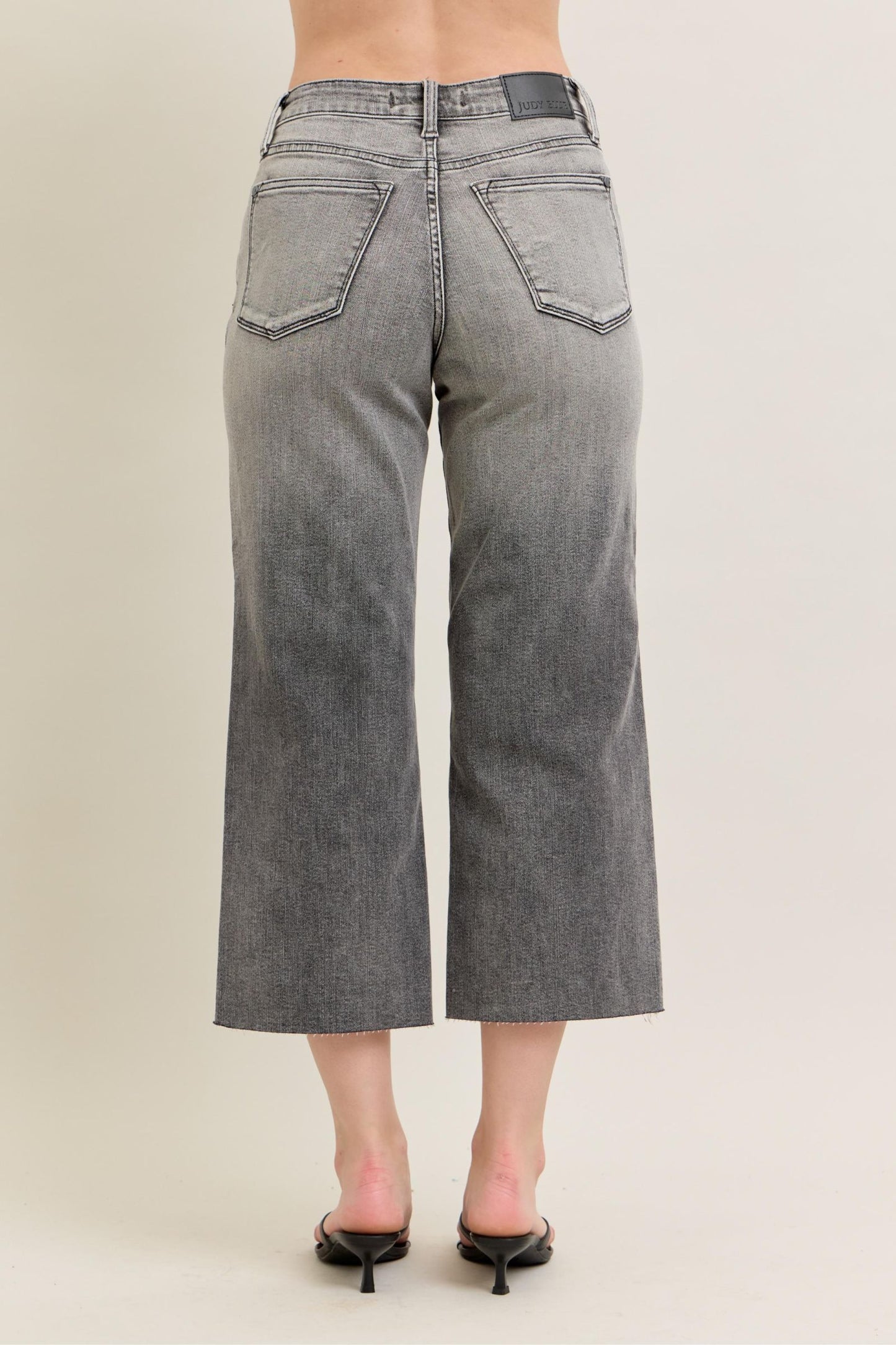 JUDY BLUE HIGH WAIST GREY WASH & FRONT POCKET EMBROIDERY CROP WIDE JEAN - GREY