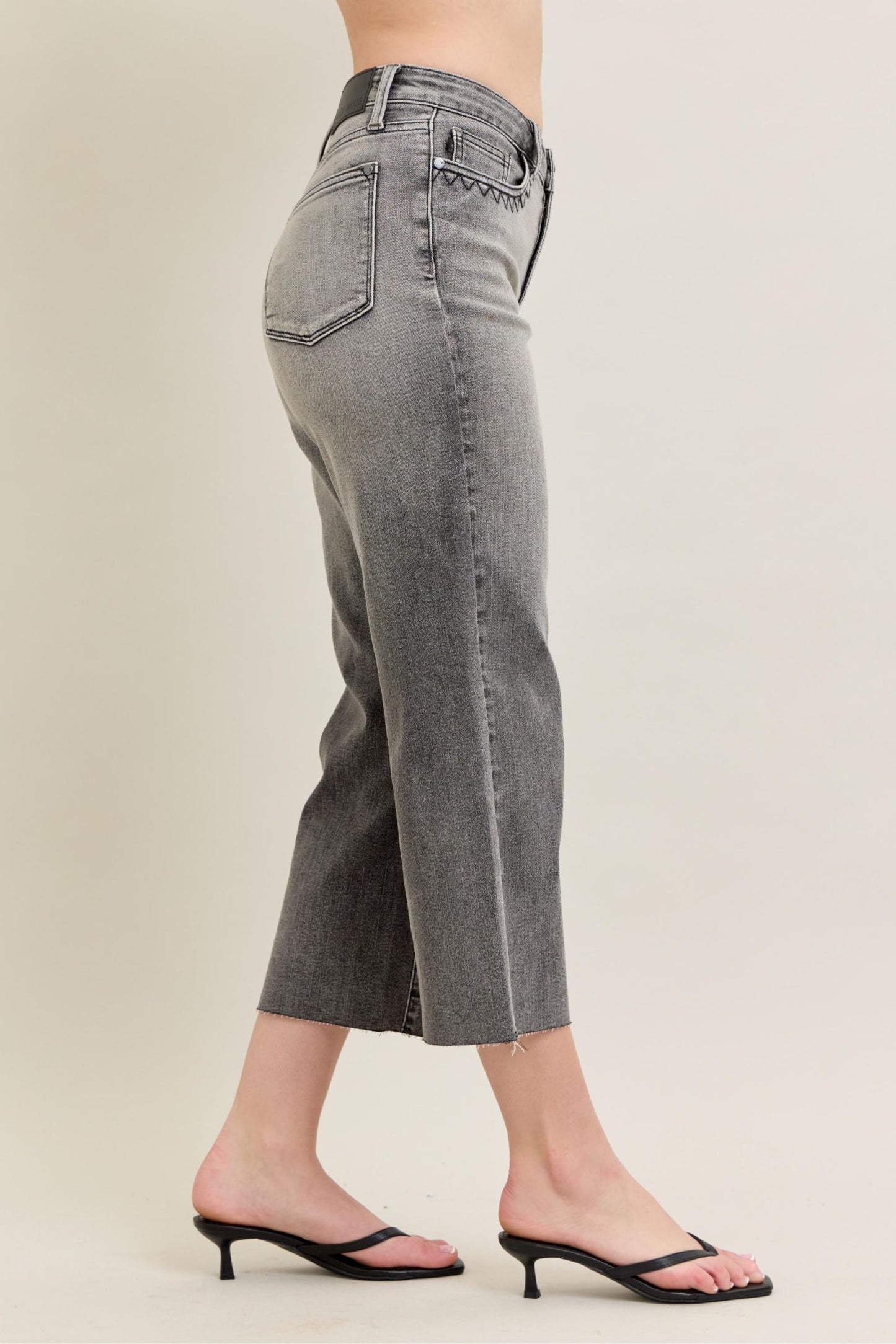 JUDY BLUE HIGH WAIST GREY WASH & FRONT POCKET EMBROIDERY CROP WIDE JEAN - GREY