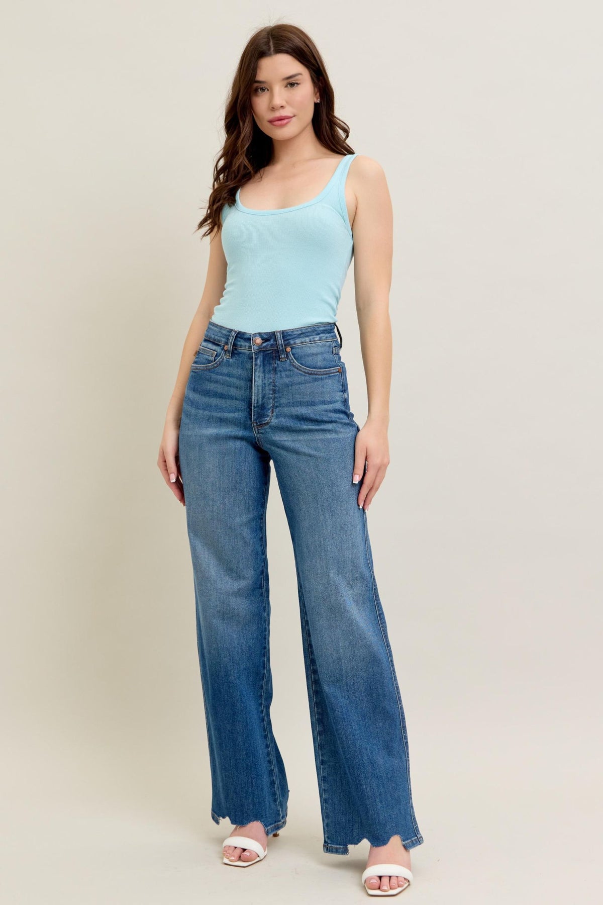 JUDY BLUE HIGH WAIST TUMMY CONTROL CHEW HEM DESTROY WIDE JEANS - MEDIUM STONE