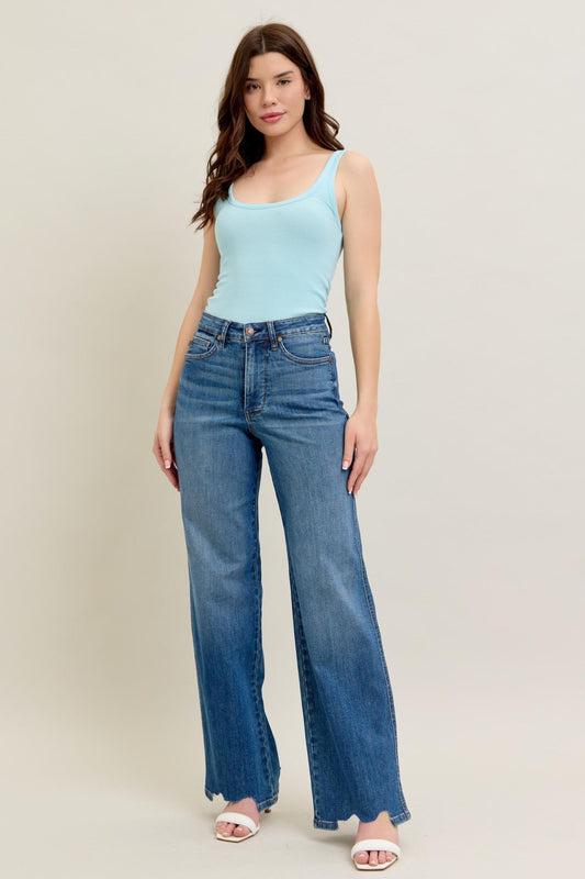 JUDY BLUE HIGH WAIST TUMMY CONTROL CHEW HEM DESTROY WIDE JEANS - MEDIUM STONE