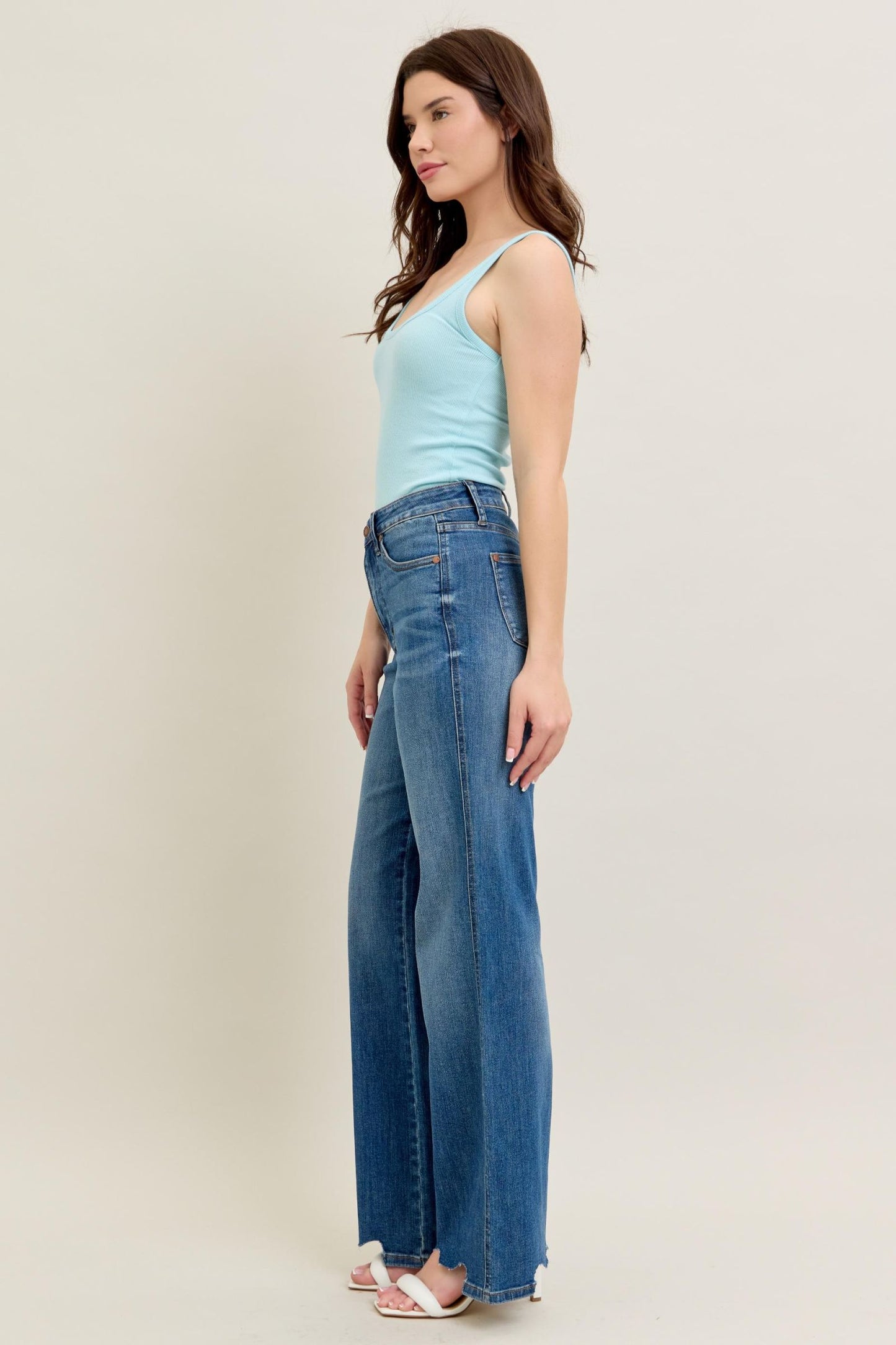 JUDY BLUE HIGH WAIST TUMMY CONTROL CHEW HEM DESTROY WIDE JEANS - MEDIUM STONE