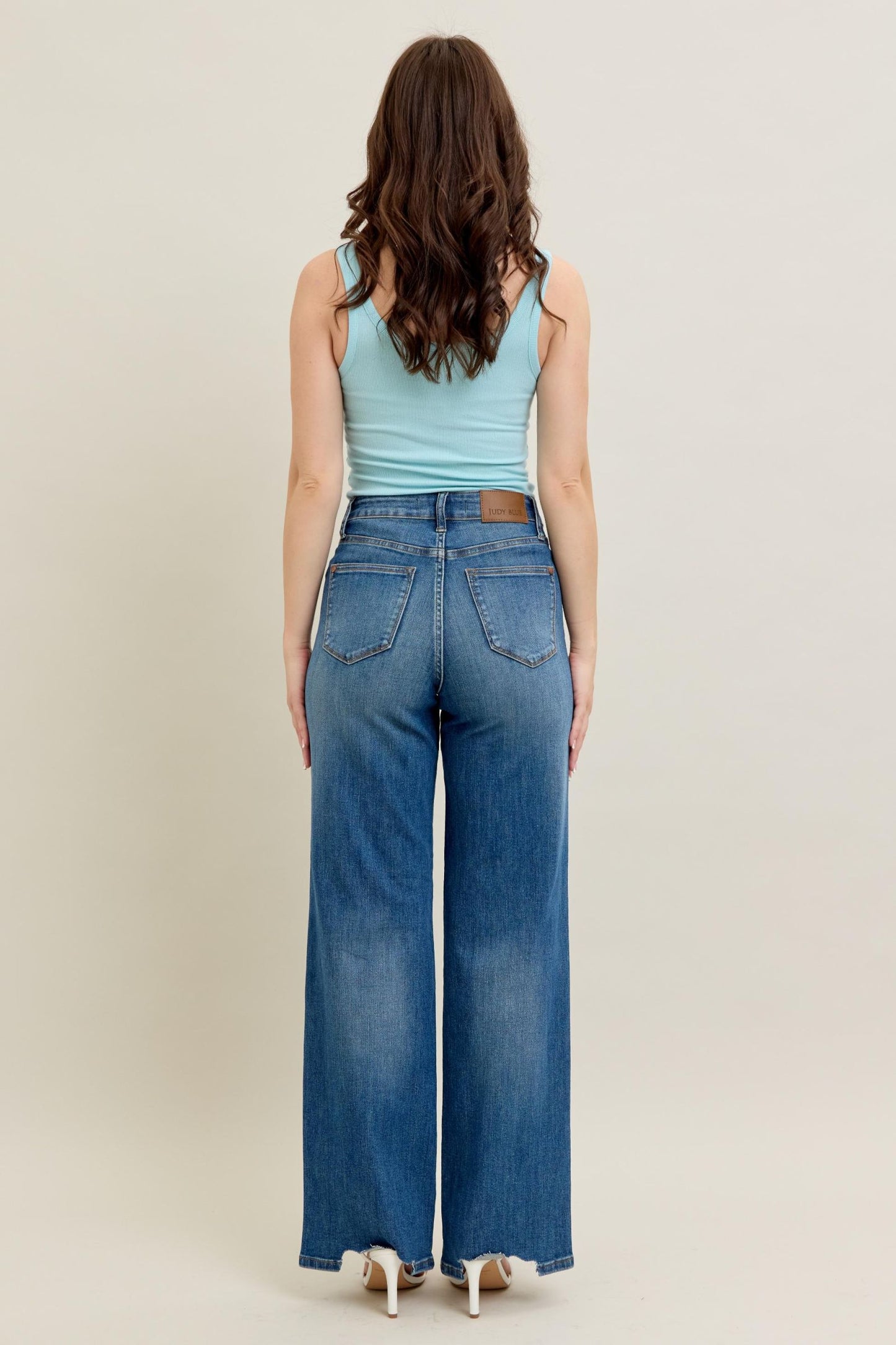 JUDY BLUE HIGH WAIST TUMMY CONTROL CHEW HEM DESTROY WIDE JEANS - MEDIUM STONE