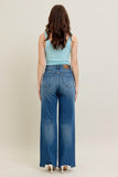 JUDY BLUE HIGH WAIST TUMMY CONTROL CHEW HEM DESTROY WIDE JEANS - MEDIUM STONE