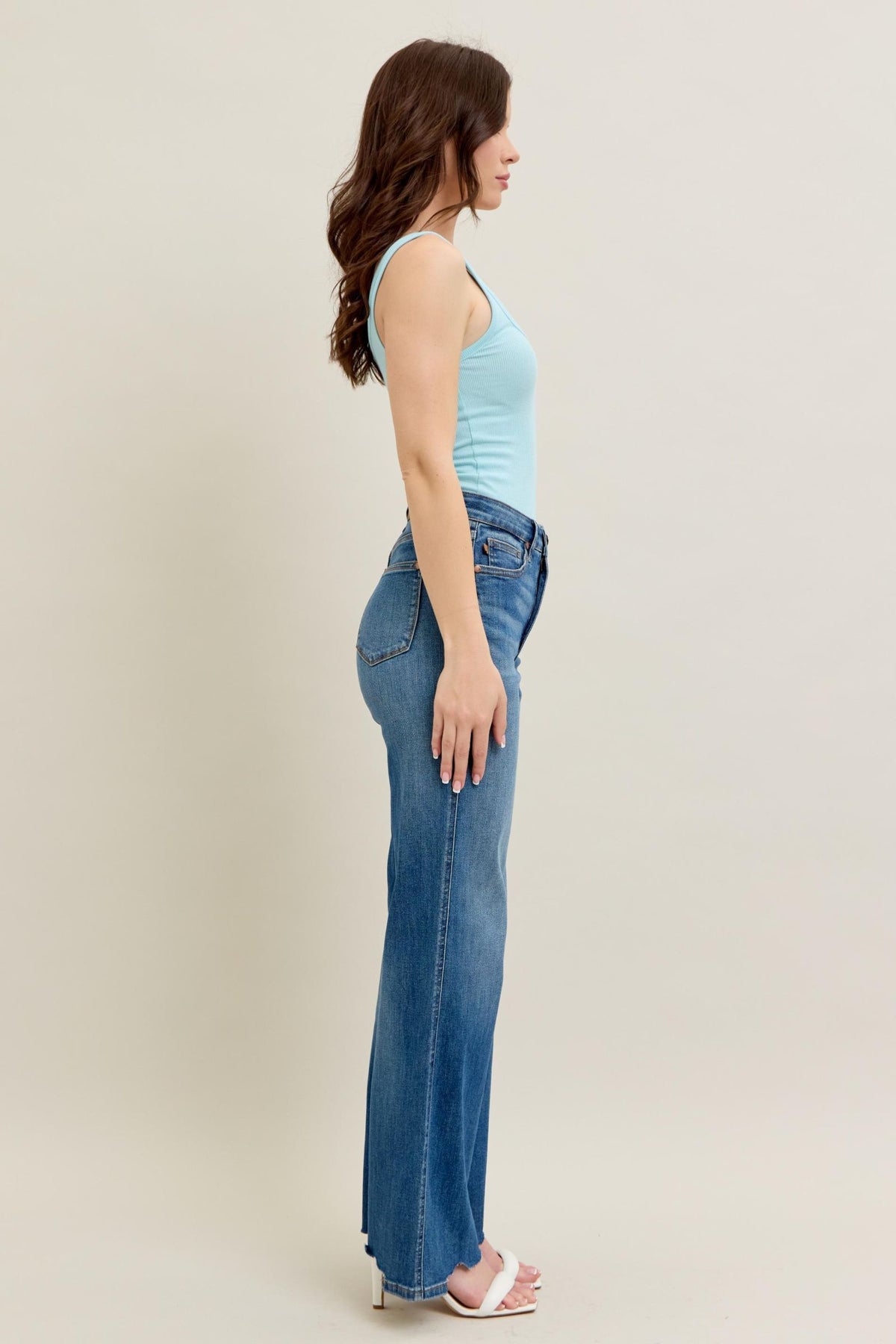 JUDY BLUE HIGH WAIST TUMMY CONTROL CHEW HEM DESTROY WIDE JEANS - MEDIUM STONE