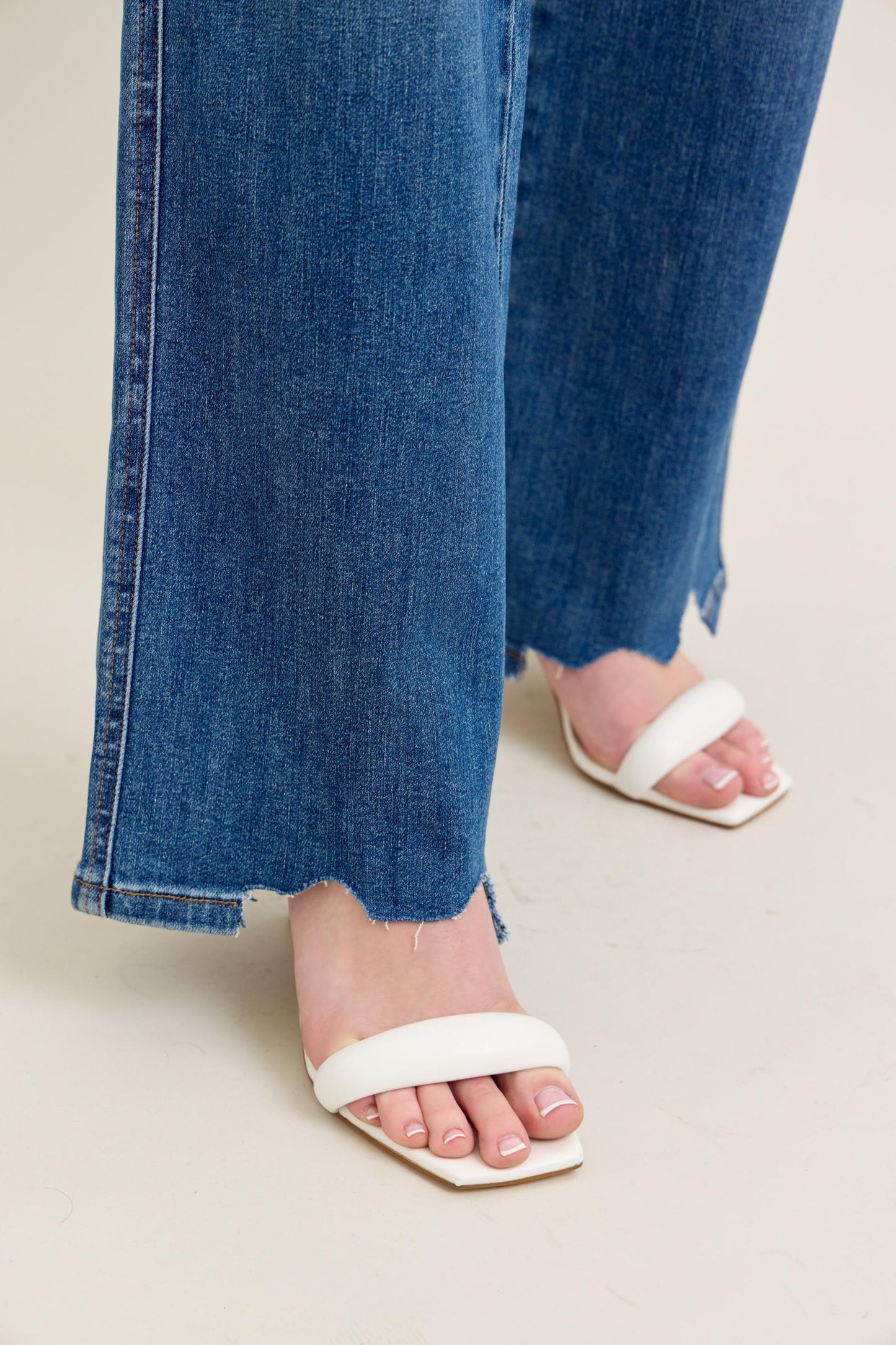 JUDY BLUE HIGH WAIST TUMMY CONTROL CHEW HEM DESTROY WIDE JEANS - MEDIUM STONE