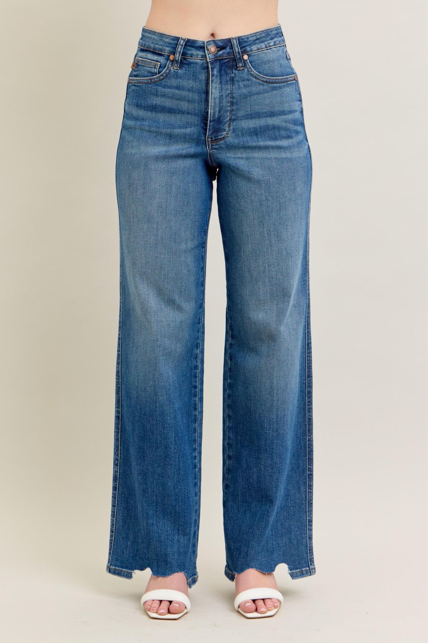 JUDY BLUE HIGH WAIST TUMMY CONTROL CHEW HEM DESTROY WIDE JEANS - MEDIUM STONE