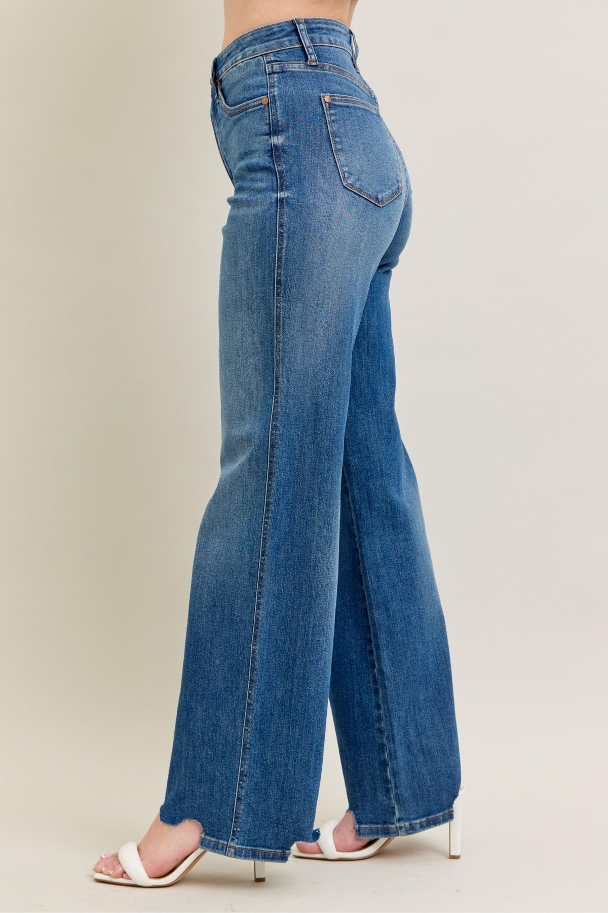 JUDY BLUE HIGH WAIST TUMMY CONTROL CHEW HEM DESTROY WIDE JEANS - MEDIUM STONE