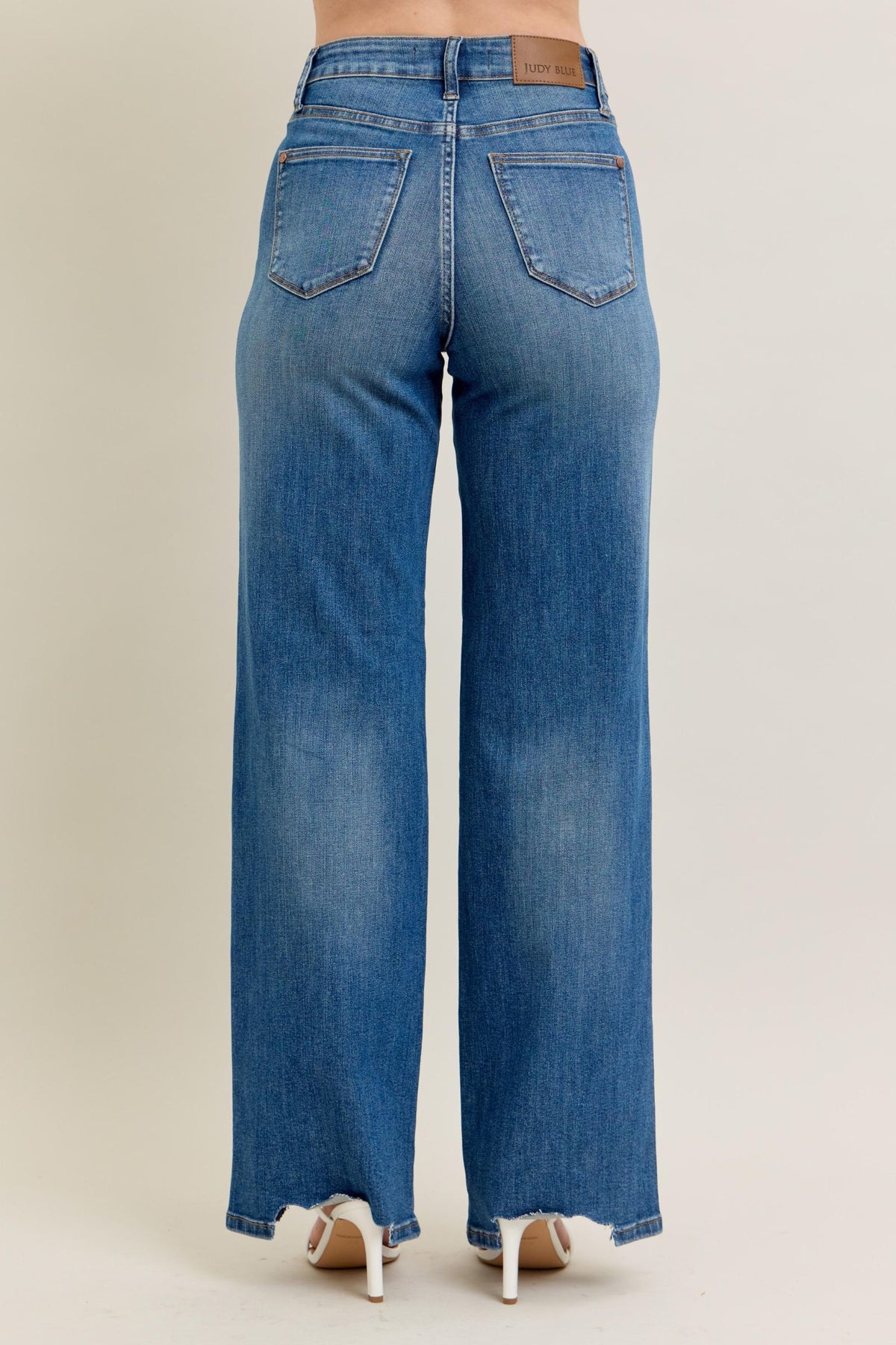 JUDY BLUE HIGH WAIST TUMMY CONTROL CHEW HEM DESTROY WIDE JEANS - MEDIUM STONE