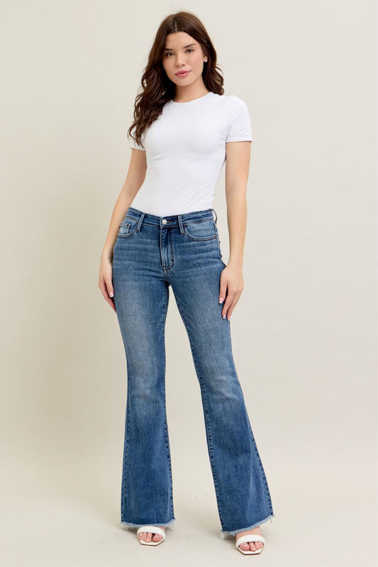 JUDY BLUE MID RISE VINTAGE WASH FLARE WITH DESTROY AND FAY HEM JEANS - MEDIUM STONE