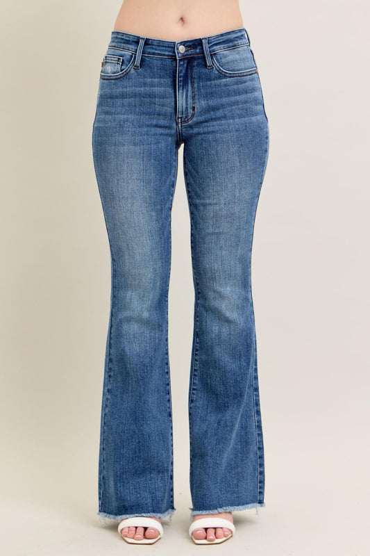 JUDY BLUE MID RISE VINTAGE WASH FLARE WITH DESTROY AND FAY HEM JEANS - MEDIUM STONE