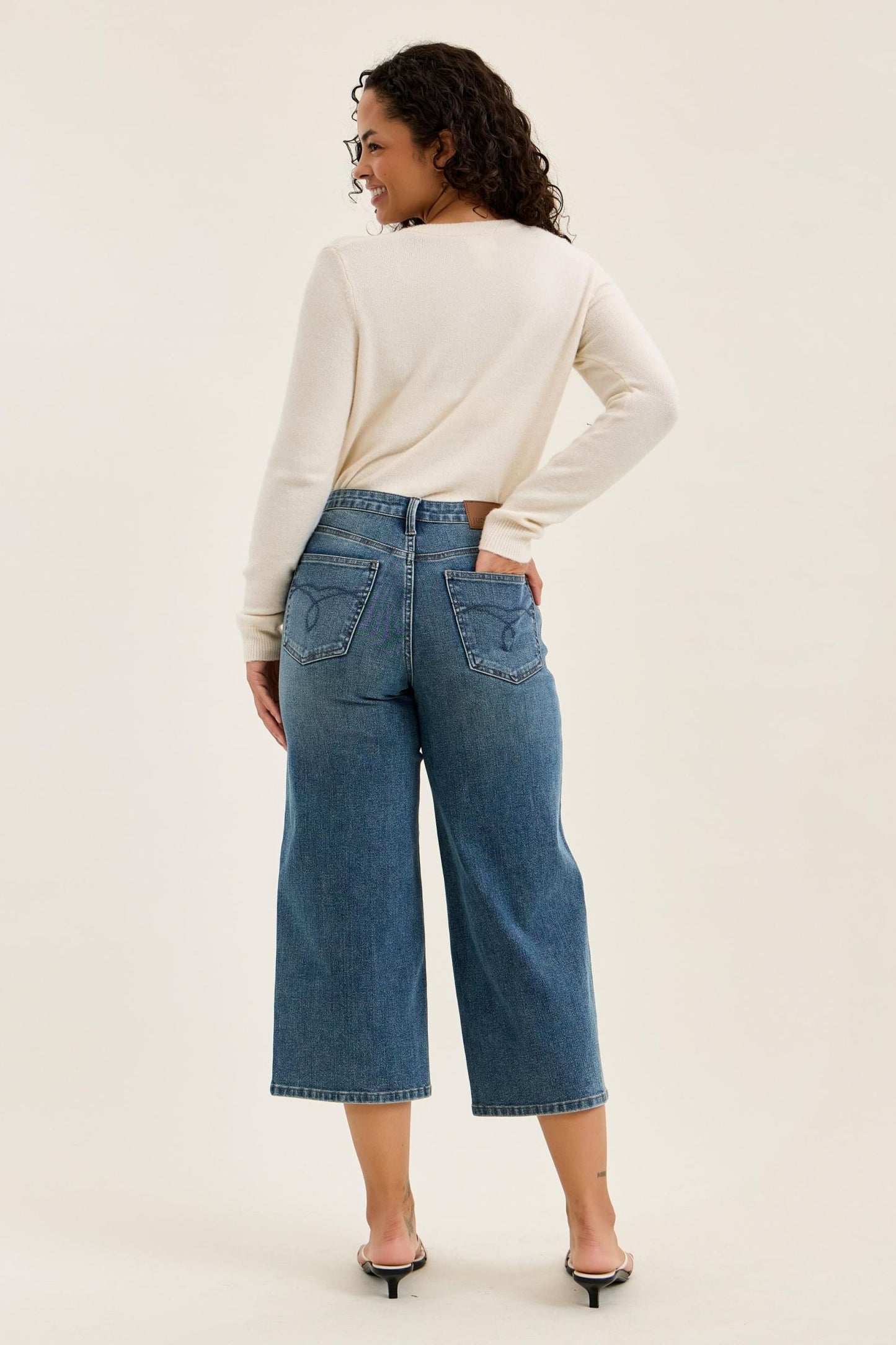 JUDY BLUE HIGH WAIST DOTTIE WIDE CROP MD QUARRY FADE - MEDIUM STONE