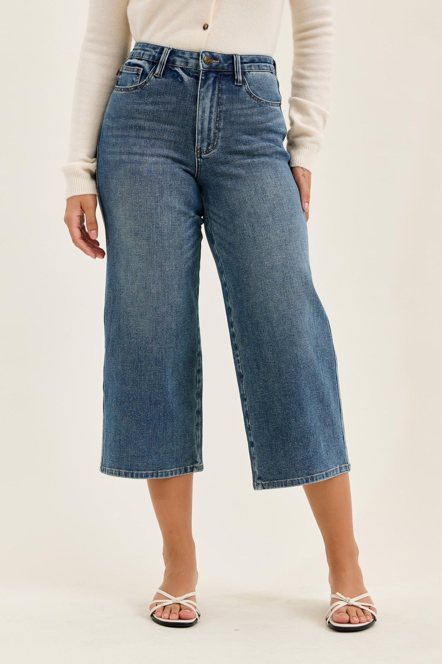 JUDY BLUE HIGH WAIST DOTTIE WIDE CROP MD QUARRY FADE - MEDIUM STONE