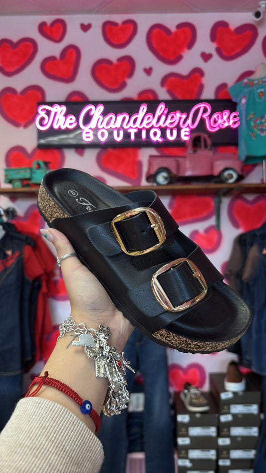 THE CORK DOUBLE STRAP SANDAL - BLACK