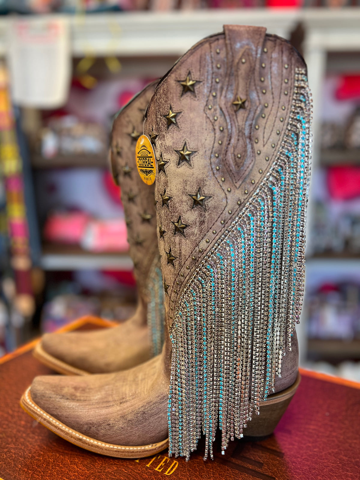 CORRAL WOMEN'S BROWN EMBROIDERY & STAR STUD FRINGE WESTERN BOOTS - A4625