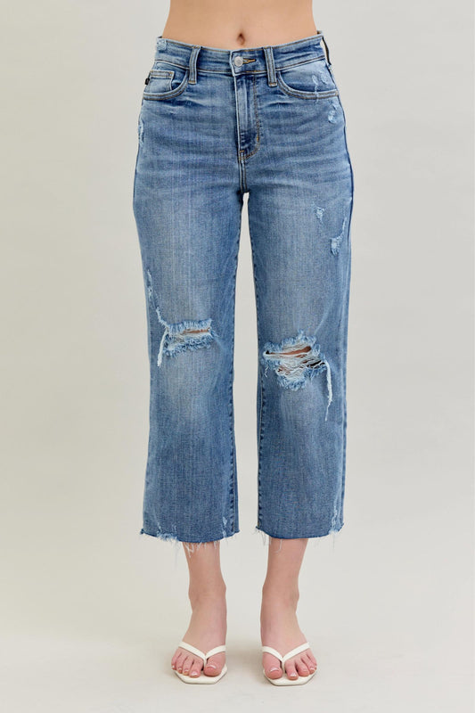 JUDY BLUE HIGH WAIST DESTROY CROP WIDE LEG JEAN - LIGHT STONE