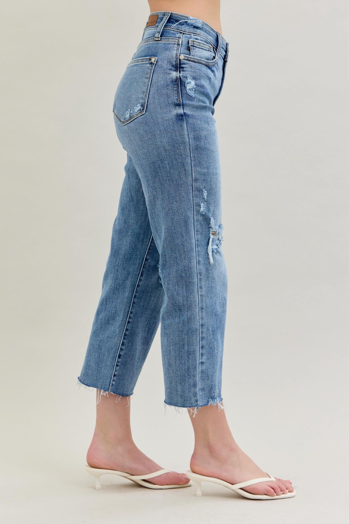 JUDY BLUE HIGH WAIST DESTROY CROP WIDE LEG JEAN - LIGHT STONE