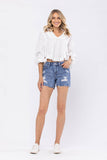 JUDY BLUE LACE PATCH DESTROY SHORTS - MEDIUM STONE