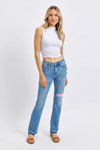 JUDY BLUE MID RISE DESTROY & RELEASED HEM BOOTCUT JEAN - MEDIUM STONE