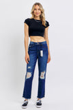 JUDY BLUE HIGH WAIST RIGID MAGIC HEAVY DESTROY STRAIGHT JEAN - DARK STONE