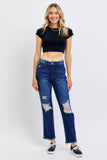 JUDY BLUE HIGH WAIST RIGID MAGIC HEAVY DESTROY STRAIGHT JEAN - DARK STONE