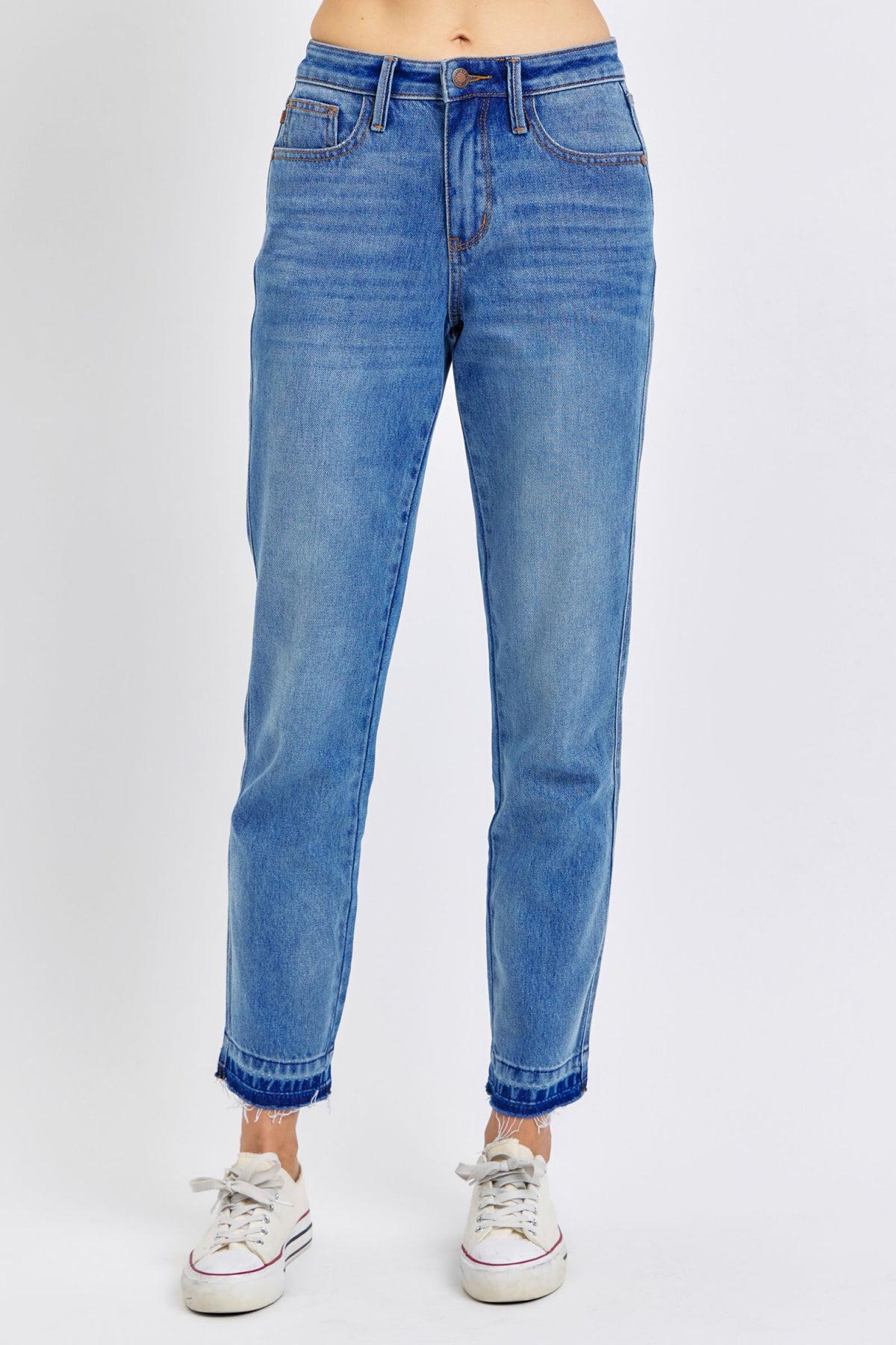 JUDY BLUE MID RISE RIGID MAGIC RELEASE HEM BOYFRIEND JEAN - MEDIUM STONE