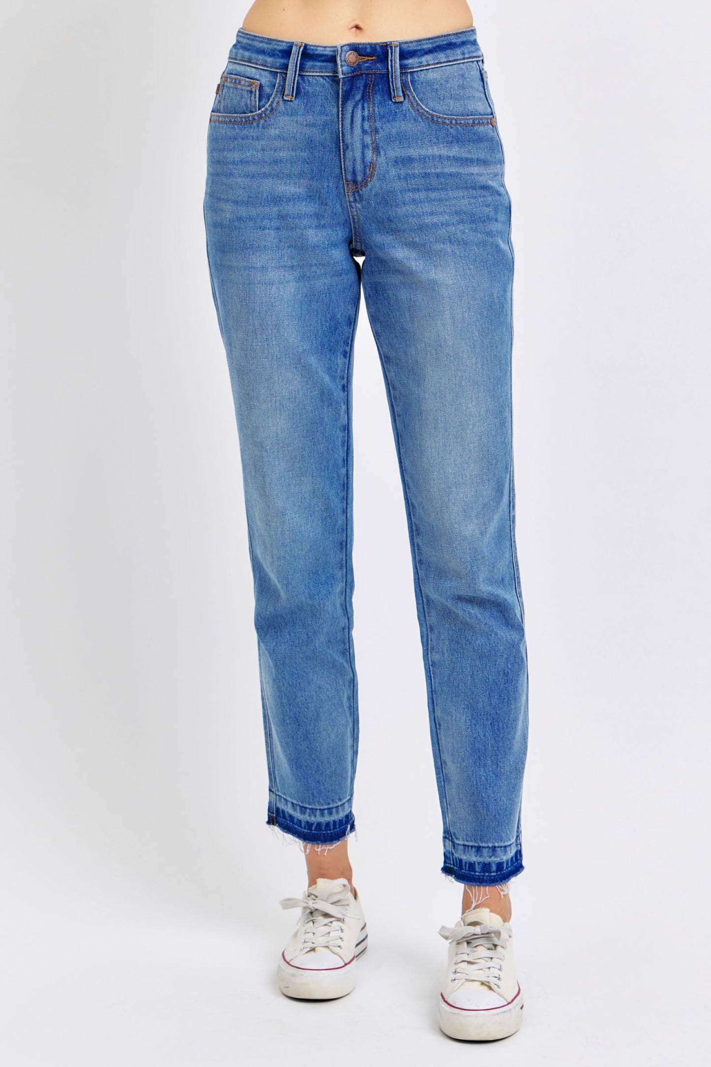 JUDY BLUE MID RISE RIGID MAGIC RELEASE HEM BOYFRIEND JEAN - MEDIUM STONE