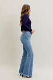 JUDY BLUE HIGH WAIST FLARE FRONT PINTUCK & FRAY HEM JEANS - MEDIUM STONE