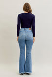 JUDY BLUE HIGH WAIST FLARE FRONT PINTUCK & FRAY HEM JEANS - MEDIUM STONE
