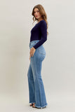 JUDY BLUE HIGH WAIST FLARE FRONT PINTUCK & FRAY HEM JEANS - MEDIUM STONE