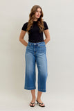 JUDY BLUE MID RISE WIDE CROP VINTAGE POCKETS & WIDE HEM JEANS - MEDIUM STONE