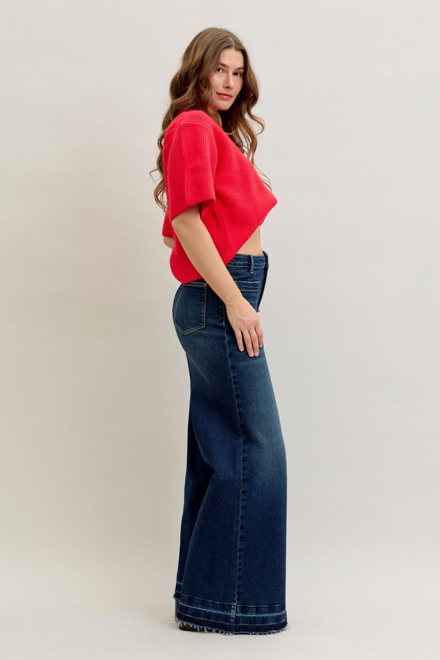 JUDY BLUE HIGH WAIST PALAZZO FRONT PATCH POCKETS - DARK STONE