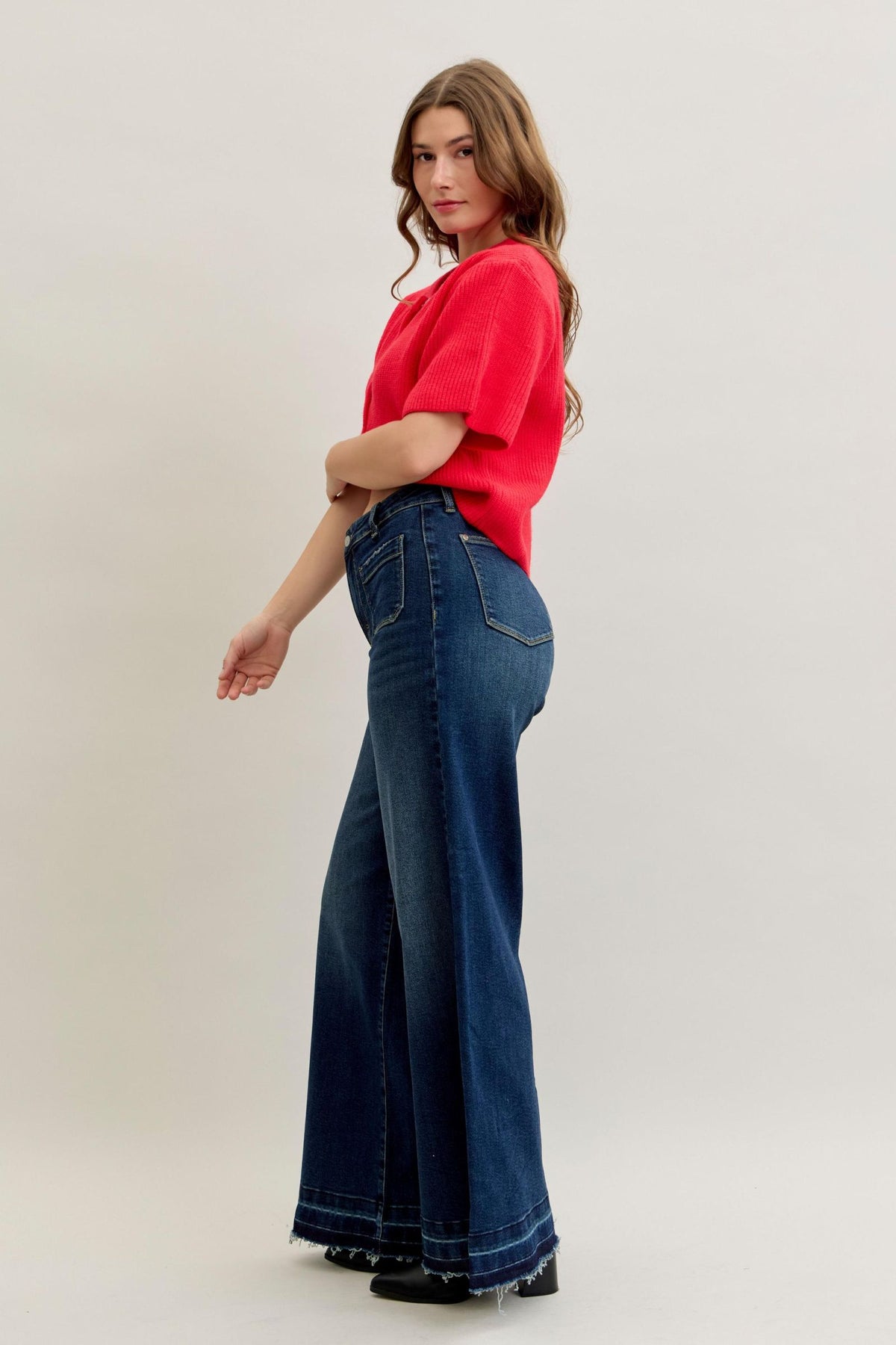 JUDY BLUE HIGH WAIST PALAZZO FRONT PATCH POCKETS - DARK STONE