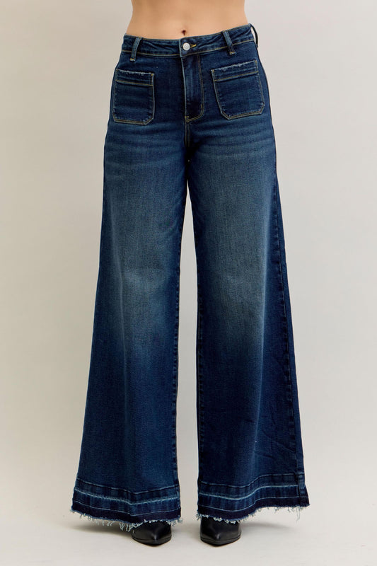 JUDY BLUE HIGH WAIST PALAZZO FRONT PATCH POCKETS - DARK STONE