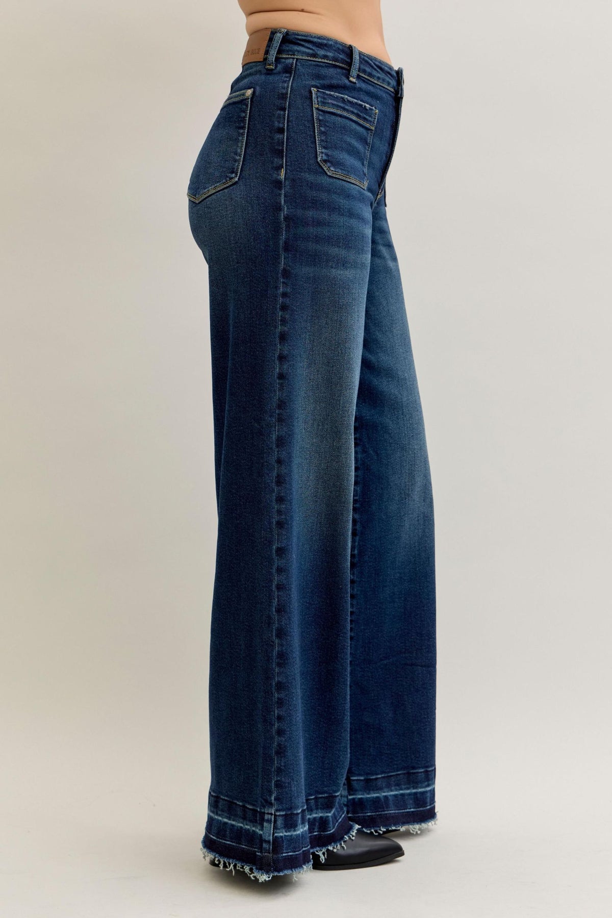JUDY BLUE HIGH WAIST PALAZZO FRONT PATCH POCKETS - DARK STONE